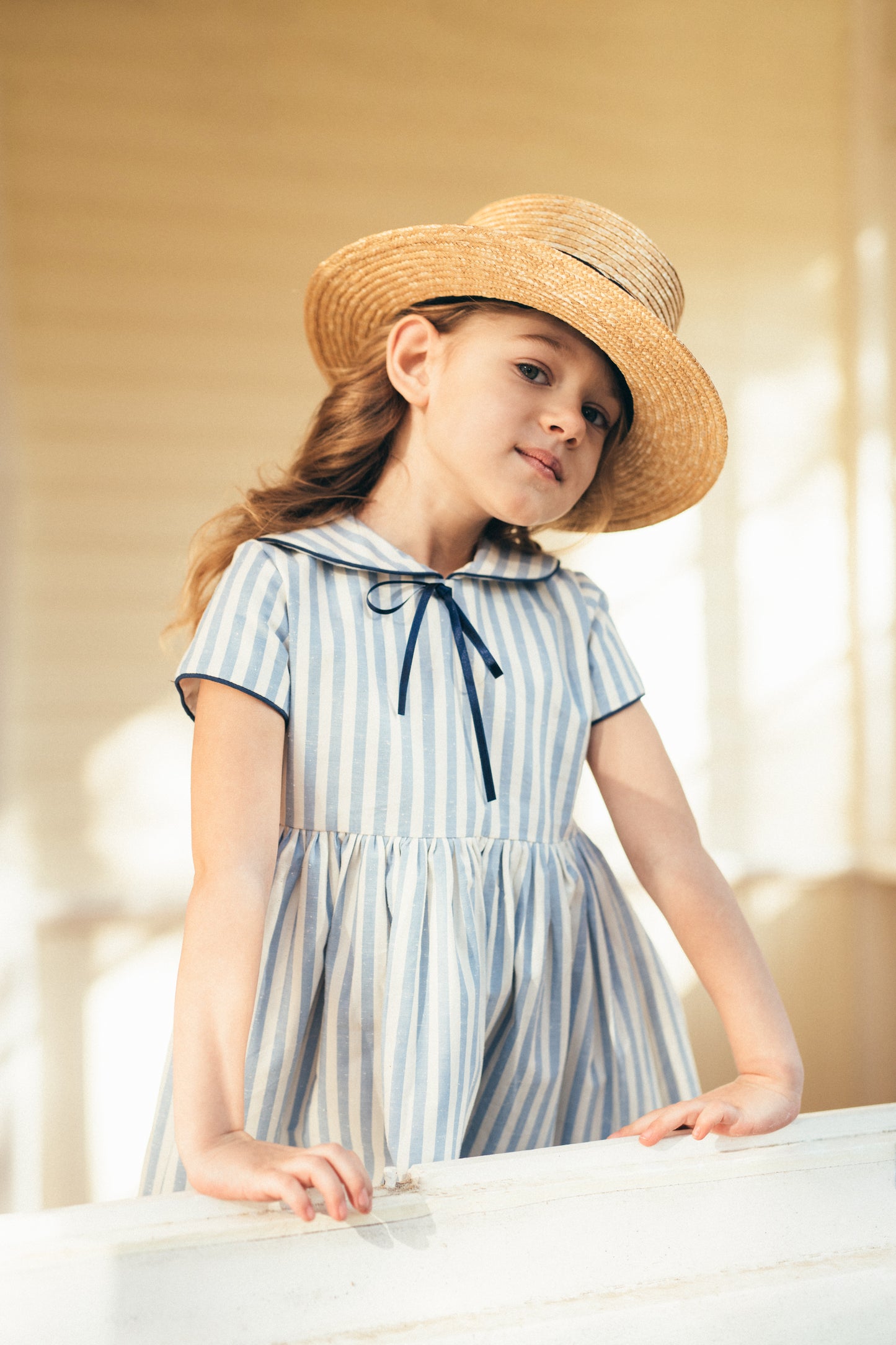 Navy dress with collar in white and blue stripes